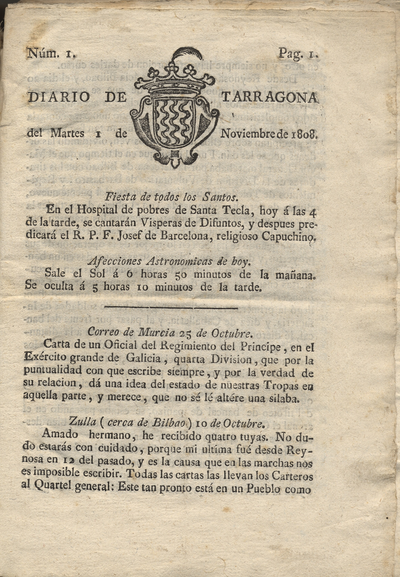 Primera edición del Diari de Tarragona en 1808 Primera edición del Diari de Tarragona en 1808
