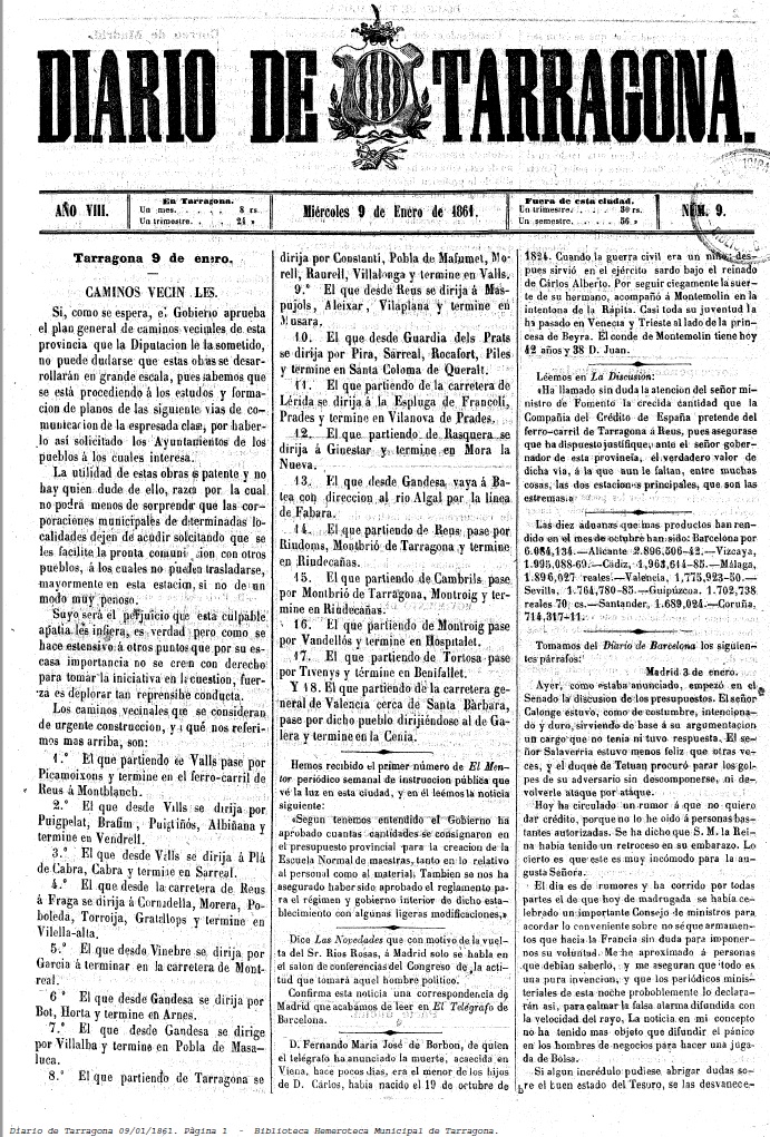Portada Diari de Tarragona 1864 Portada Diari de Tarragona 1864
