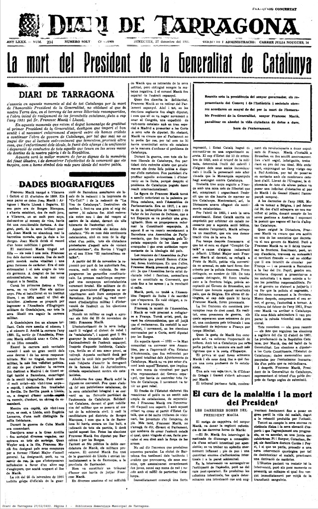 Portada Diari de Tarragona 1933 Portada Diari de Tarragona 1933